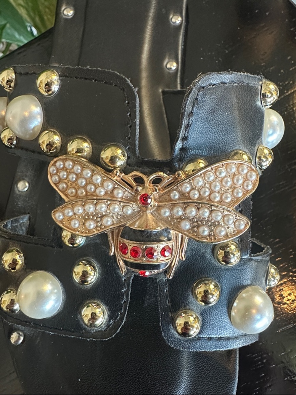 Black Embellished Slide Sandals with Pearl & Bee Accent size 40
